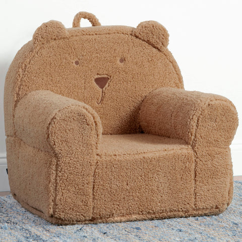 Delta Children Babygap Sherpa Bear Chair close-up of bear face embroidery.
