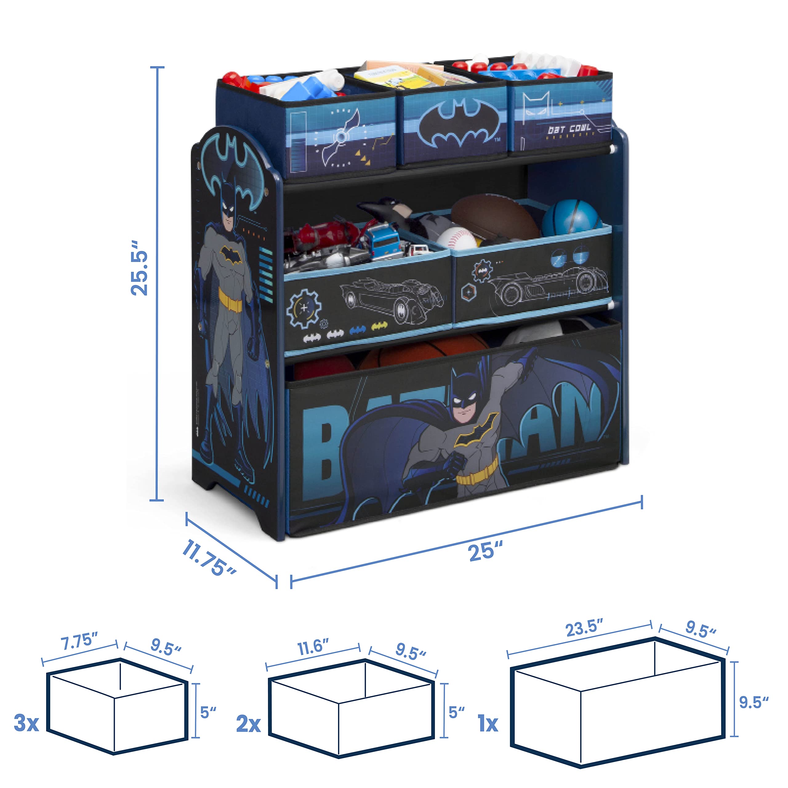 Delta Children Batman 6-bin organizer assembled dimensions label.