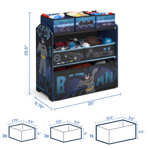 Delta Children Batman 6-bin organizer assembled dimensions label.