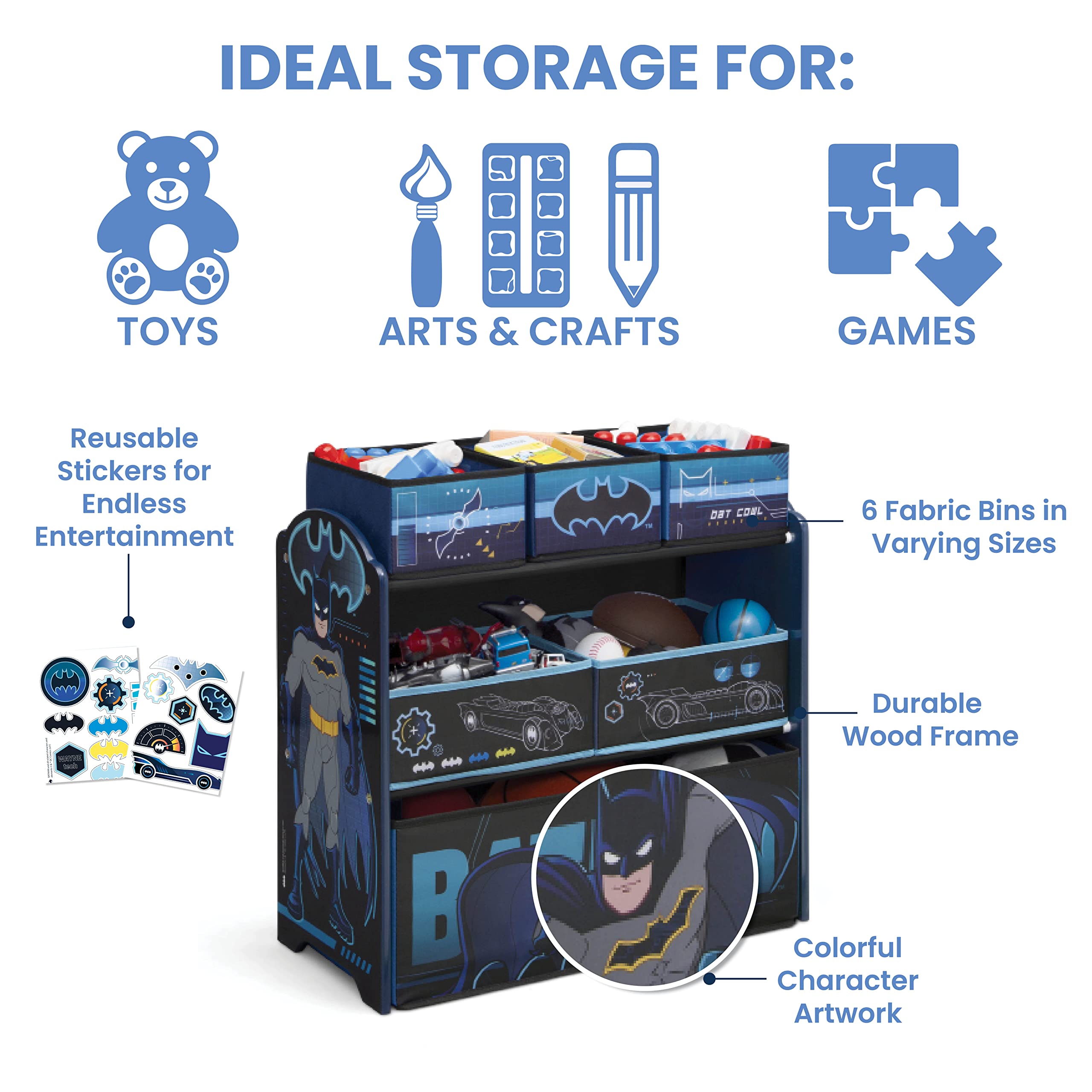 Delta Children Batman 6-bin organizer varied bin sizes for different toys.