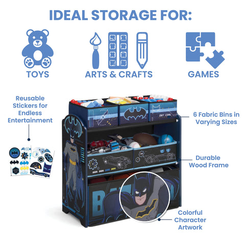Delta Children Batman 6-bin organizer varied bin sizes for different toys.