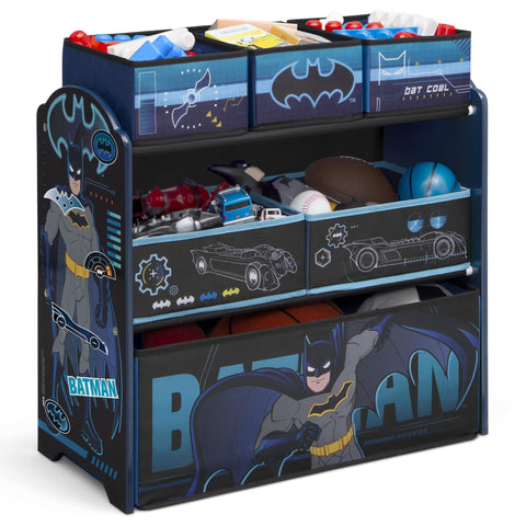 Delta Children Batman 6-bin organizer front view showing organized toy storage.