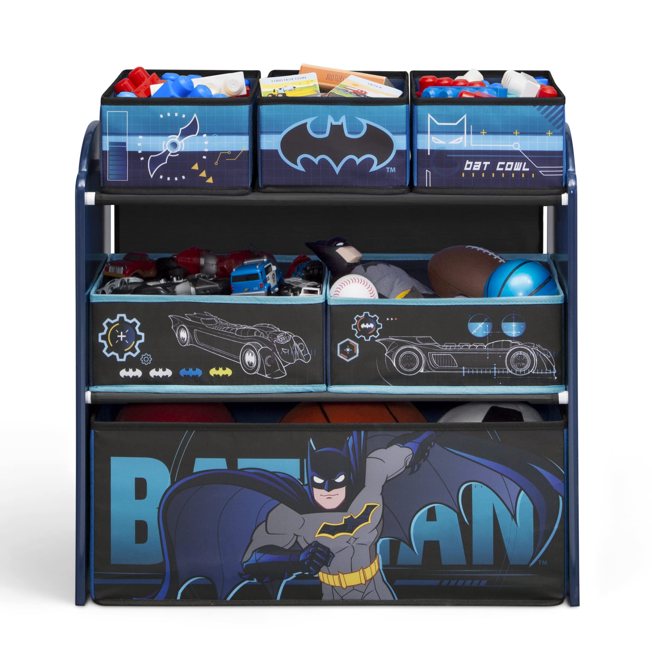 Delta Children Batman graphics on bins boost imaginative play sessions.