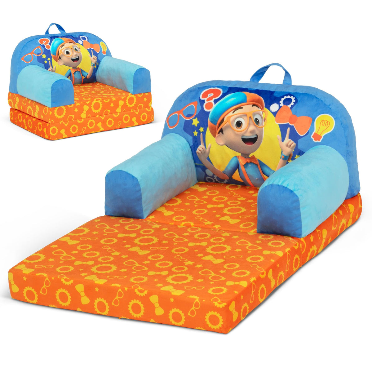 Delta Children Blippi Cozee Buddy Flip-Out Chair blue, versatile seating and naps.