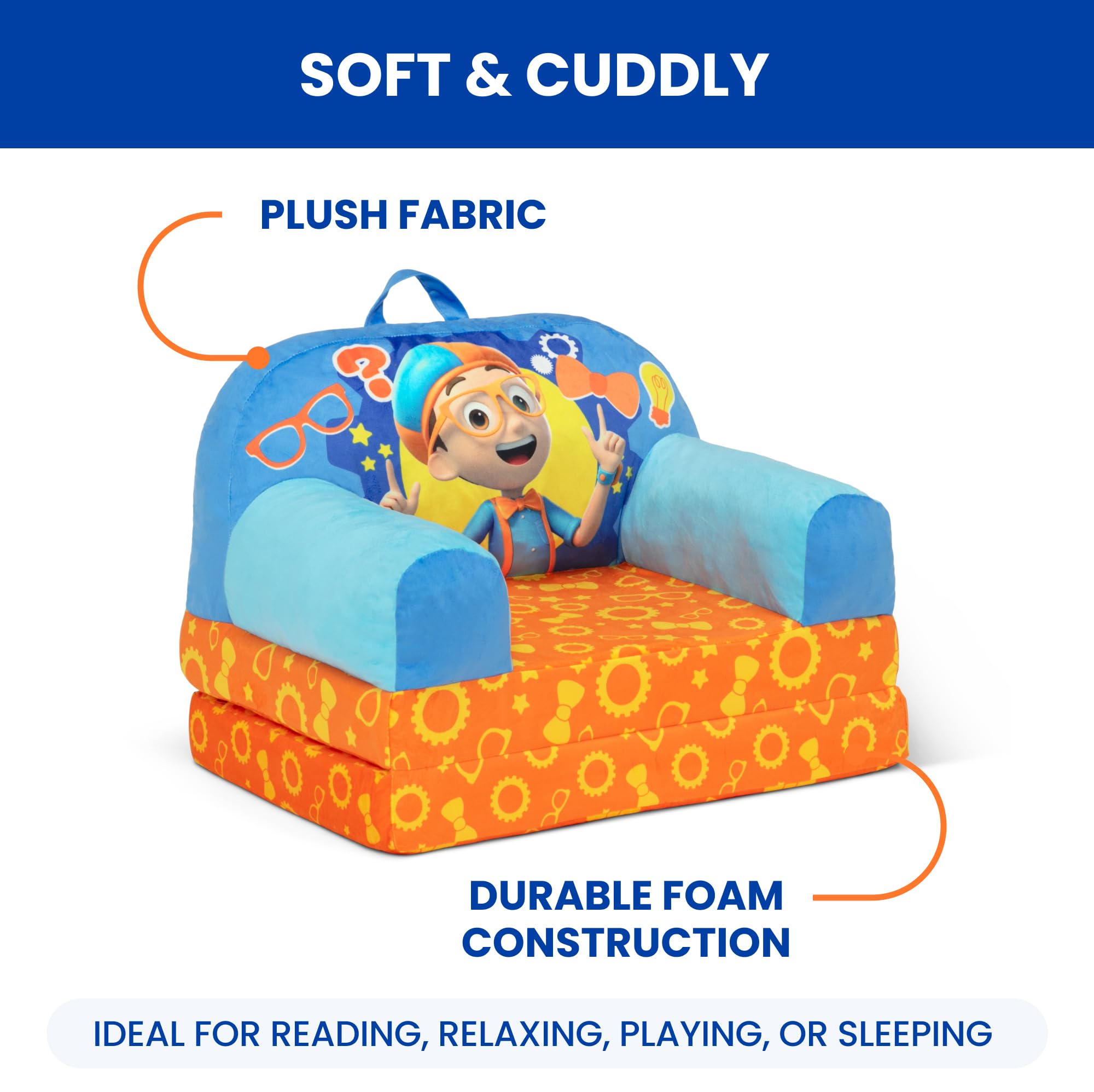 Compact storage of Delta Children Blippi Cozee Buddy Flip-Out Chair blue.