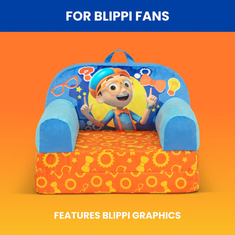 Foam-filled seating detail of Delta Children Blippi Cozee Buddy Flip-Out Chair blue.
