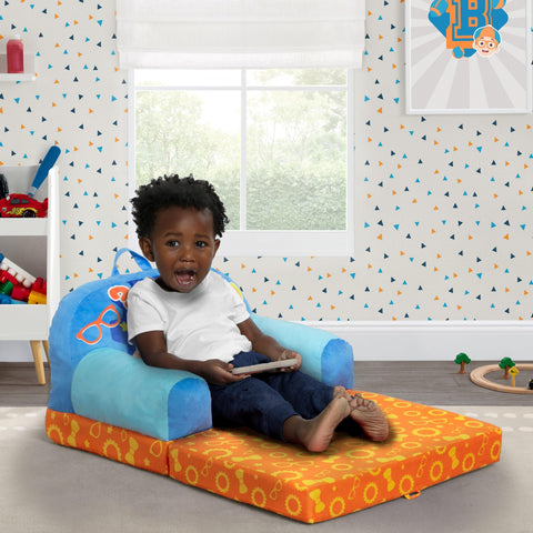Delta Children Blippi Cozee Buddy Flip-Out Chair blue in nap mode, cozy and compact.