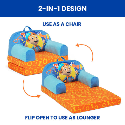 Open sleeper mode of Delta Children Blippi Cozee Buddy Flip-Out Chair in blue.