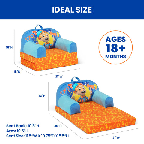 Portable blue Delta Children Blippi Cozee Buddy Flip-Out Chair with carry handle.