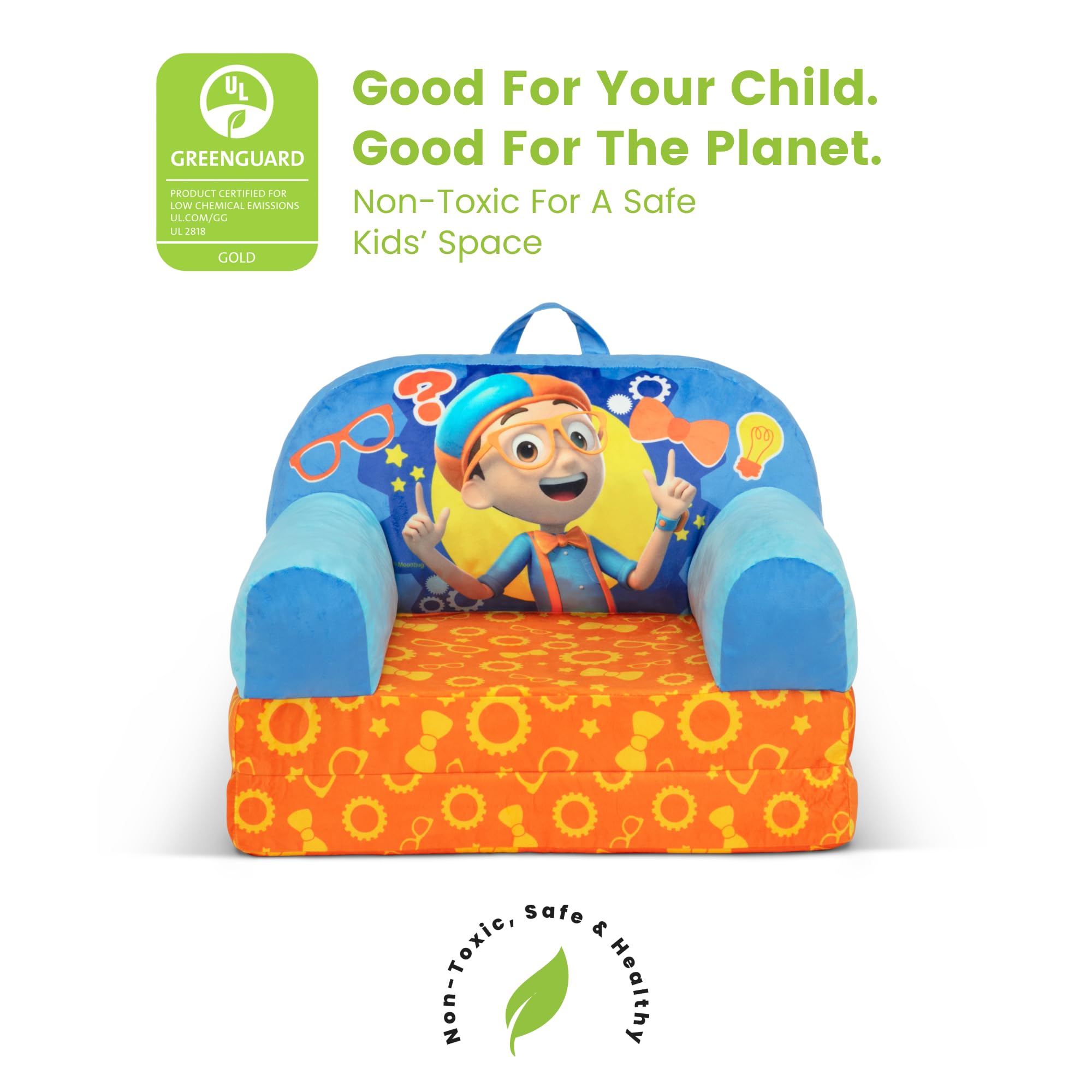 Clever room-fit Delta Children Blippi Cozee Buddy Flip-Out Chair blue.