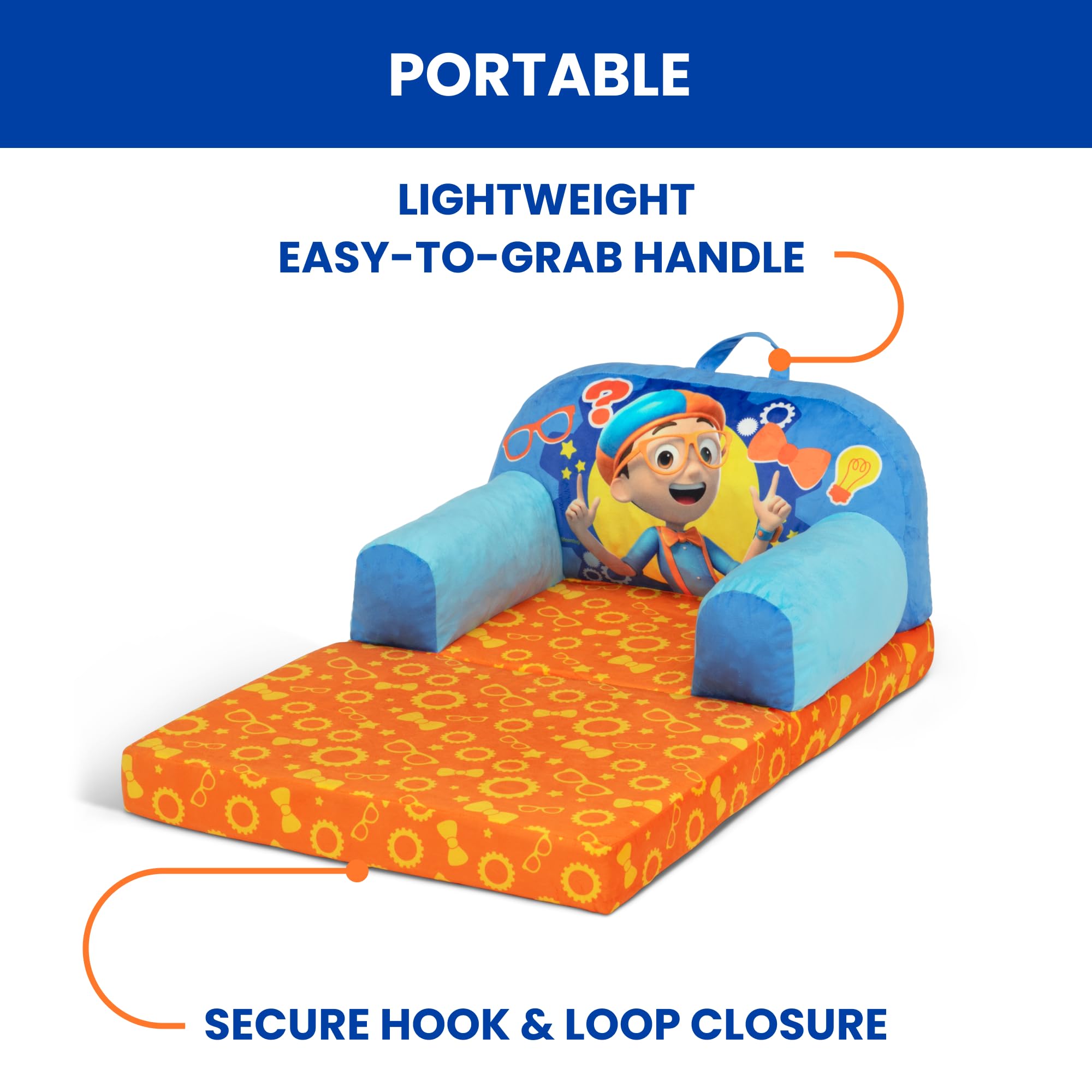 Safety-first Delta Children Blippi Cozee Buddy Flip-Out Chair blue design.