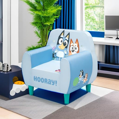 Delta Children chair with wood feet that blends into living spaces