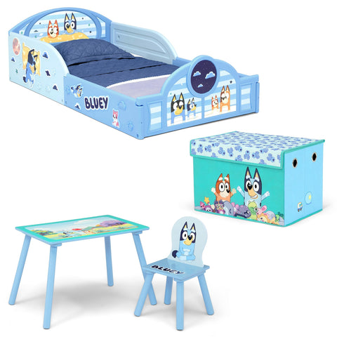 Delta Children Bluey sleep-and-play toddler bed with guardrails for safe, independent bedtime