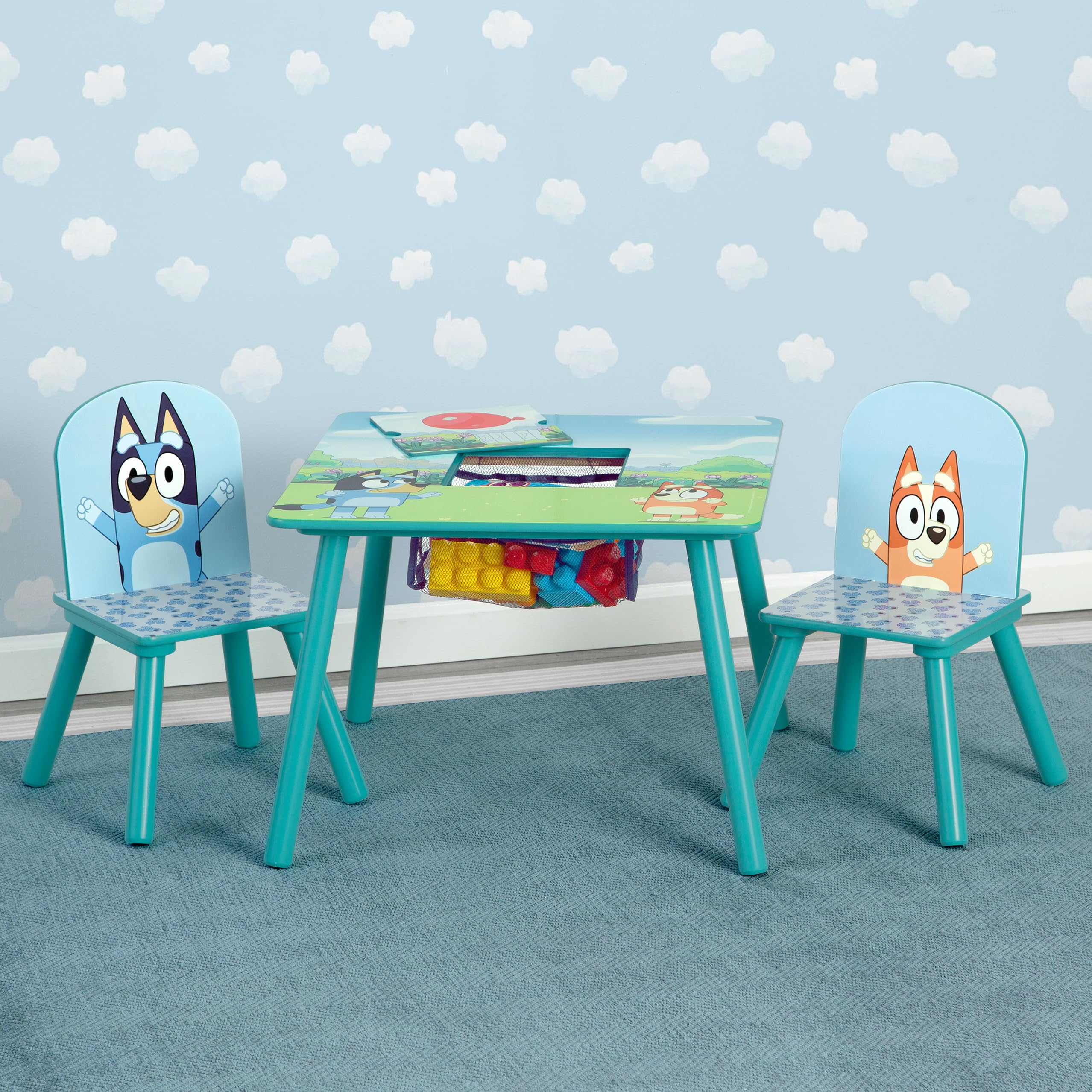 Delta Children Bluey table and chairs set with kid-sized height for easy seating.