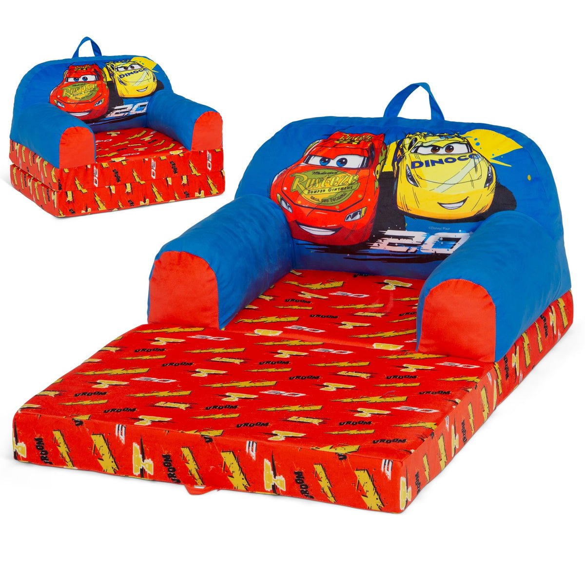 Delta Children Cars Cozee Buddy blue chair front view with 2-in-1 sleeper feature for naps
