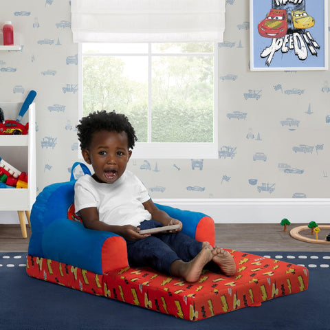 Front view of Delta Children Cars Cozee Buddy blue chair showing cushioned foam comfort