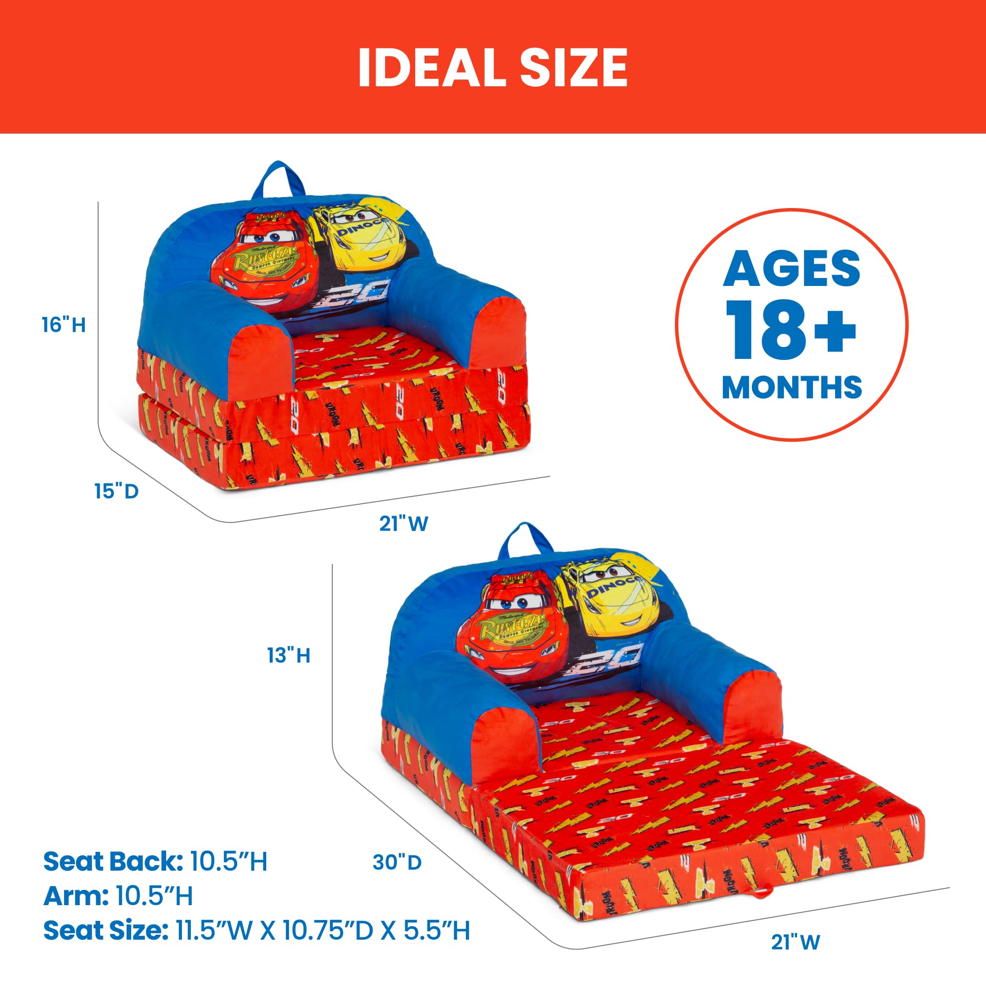 Delta Children Cars Cozee Buddy blue seat with secure hook-and-loop closure