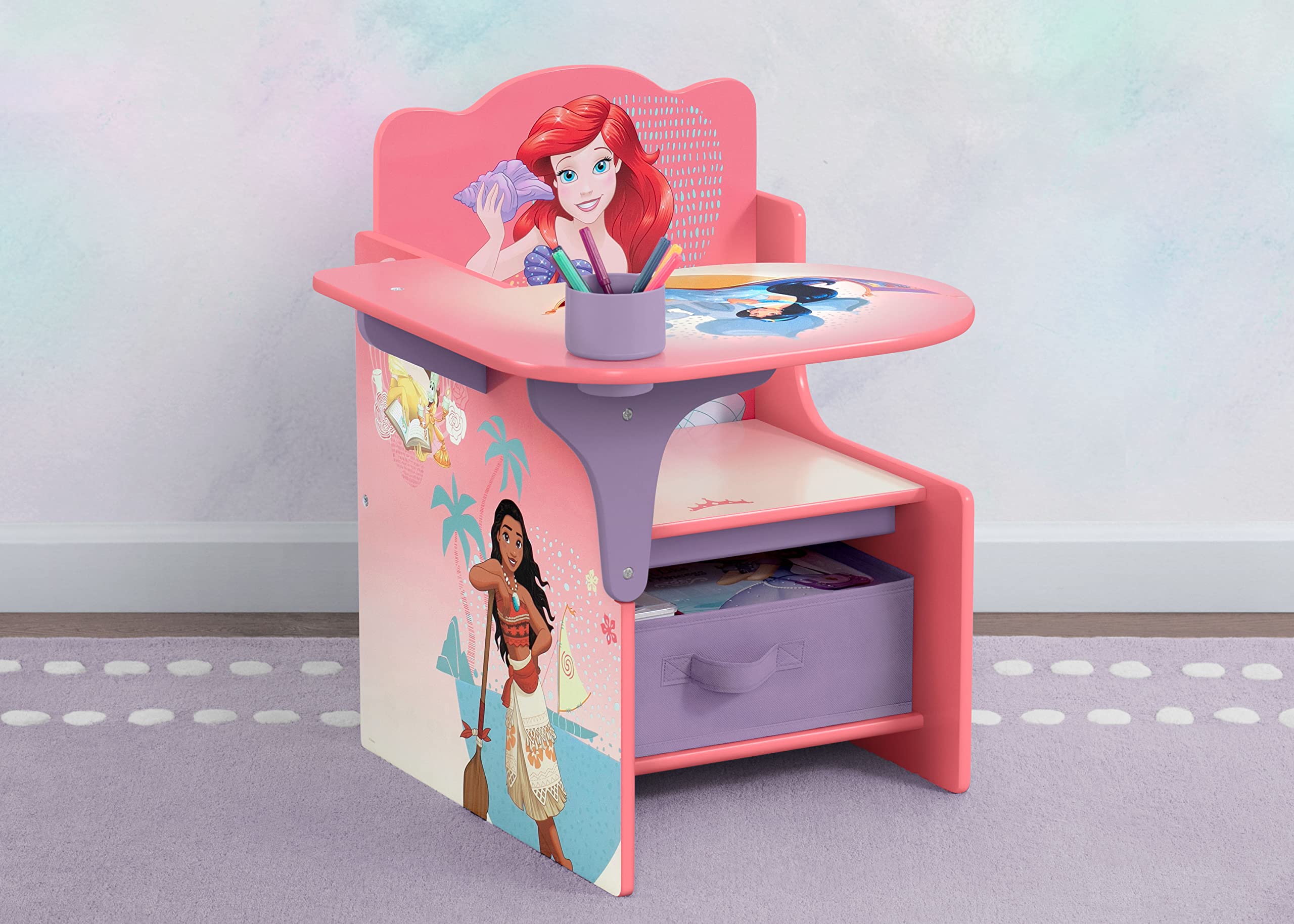 Delta Children chair desk with storage bin under seat helps organize art supplies.
