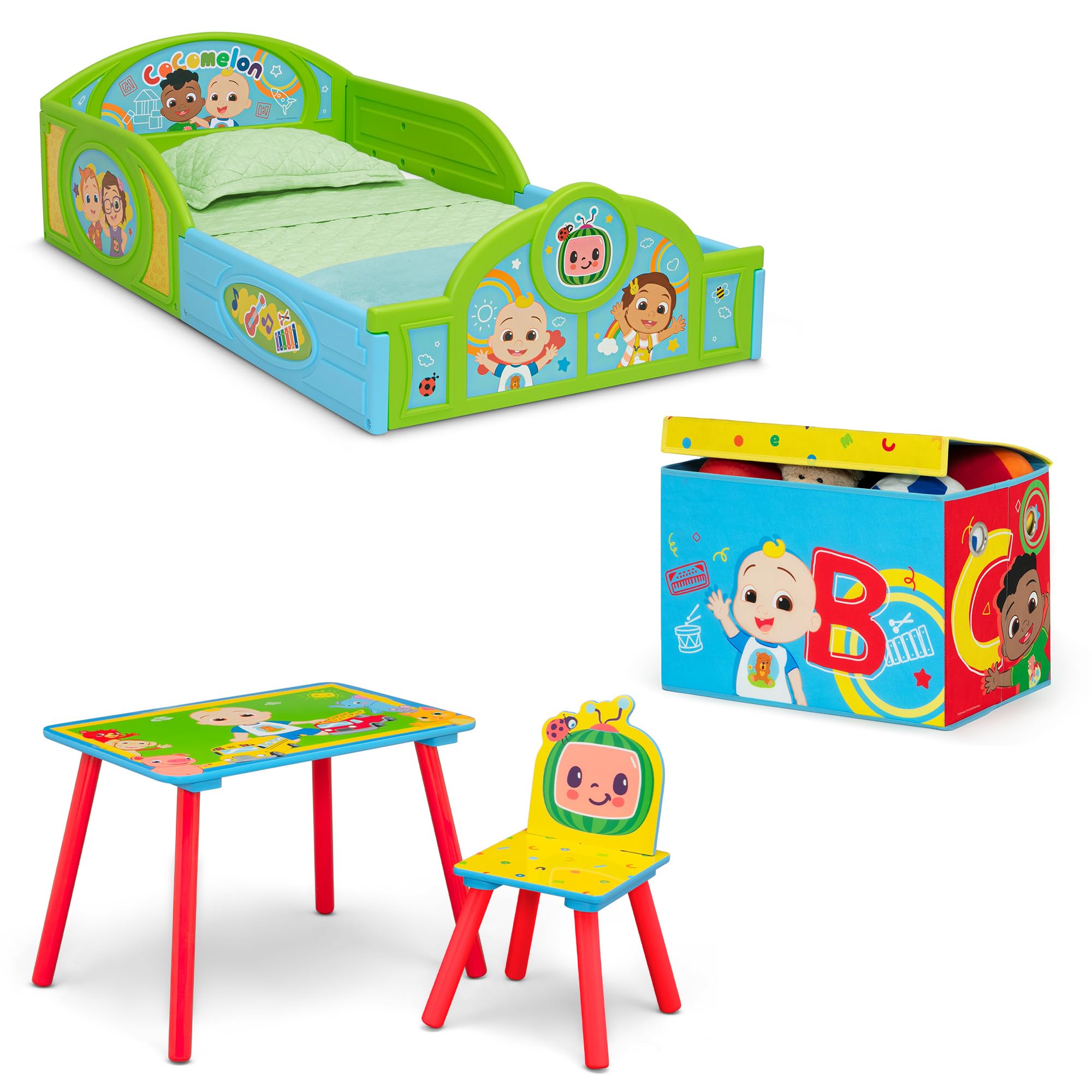 Delta Children CoComelon toddler bed with low height and guardrails for safe sleep