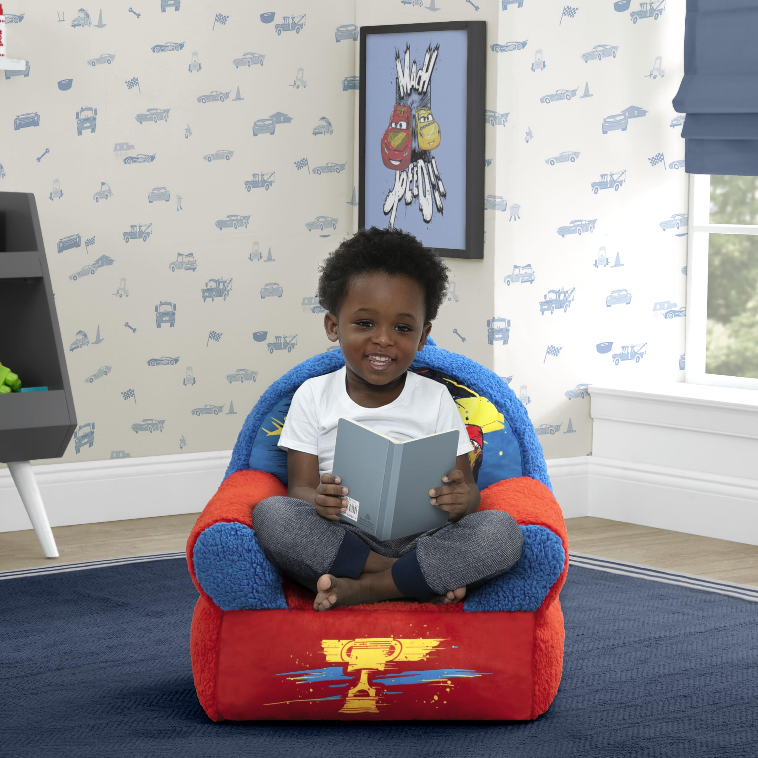 Side view of the Cars-themed Cozee Buddy Chair ready to move rooms