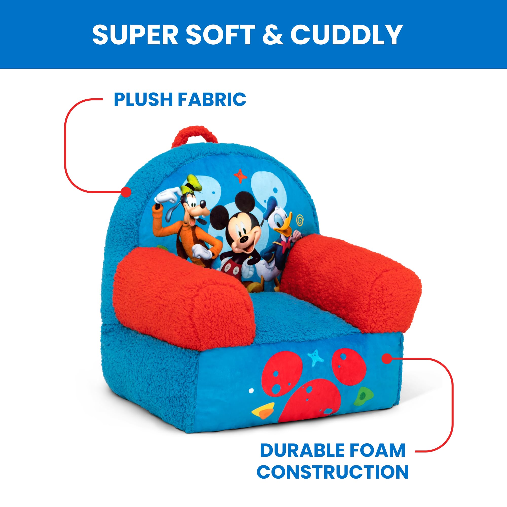 Delta Children Cozee Buddy Chair Mickey Mouse fabric close-up showing plush softness