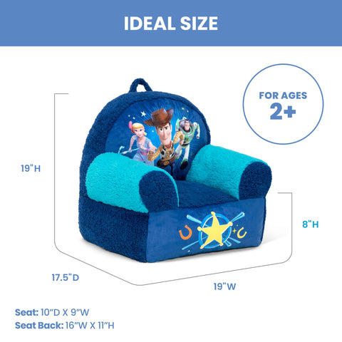 Delta Children Cozee Buddy Chair seat detail shows cozy dimensions for toddlers and kids 2+.