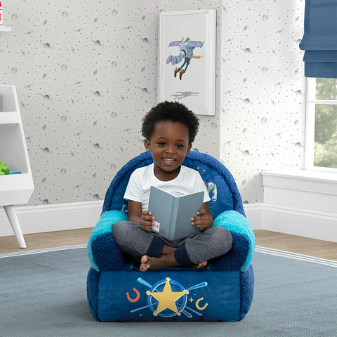 Delta Children Cozee Buddy Chair with Woody and Buzz graphics, ideal for imaginative play.