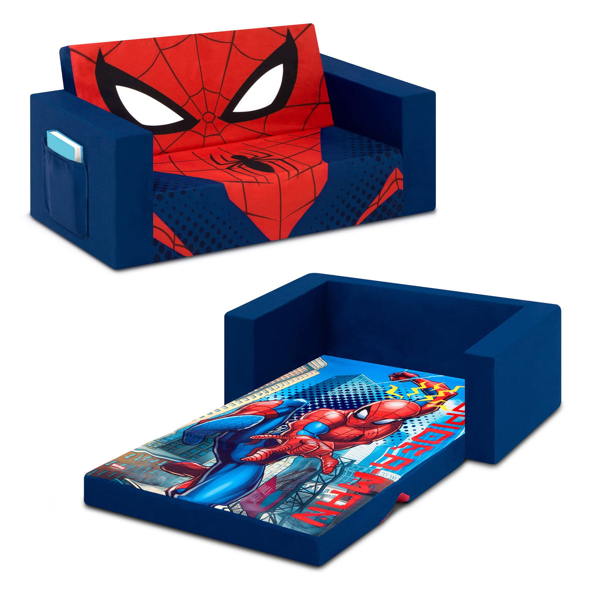 Delta Children Cozee Flip-Out Sofa Spider-Man open shows Spidey action for playtime
