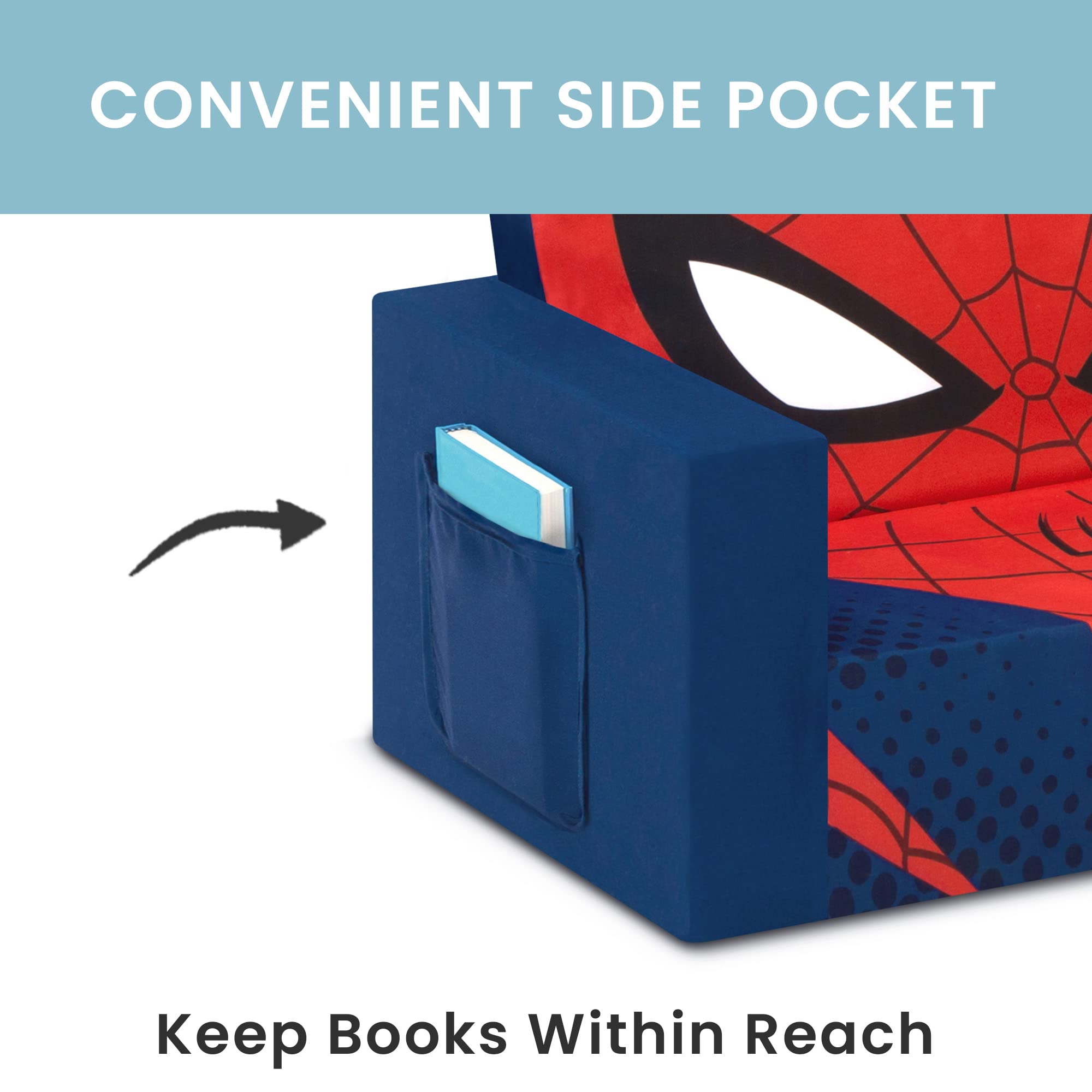 Delta Children Cozee slipcover with side pocket keeps books within reach