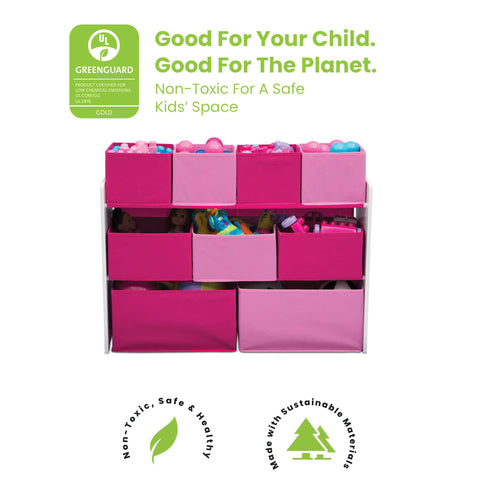 Close-up of four small, three medium, and two large bins