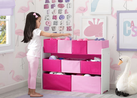Delta Children logo and fabric bins highlight durability and safety