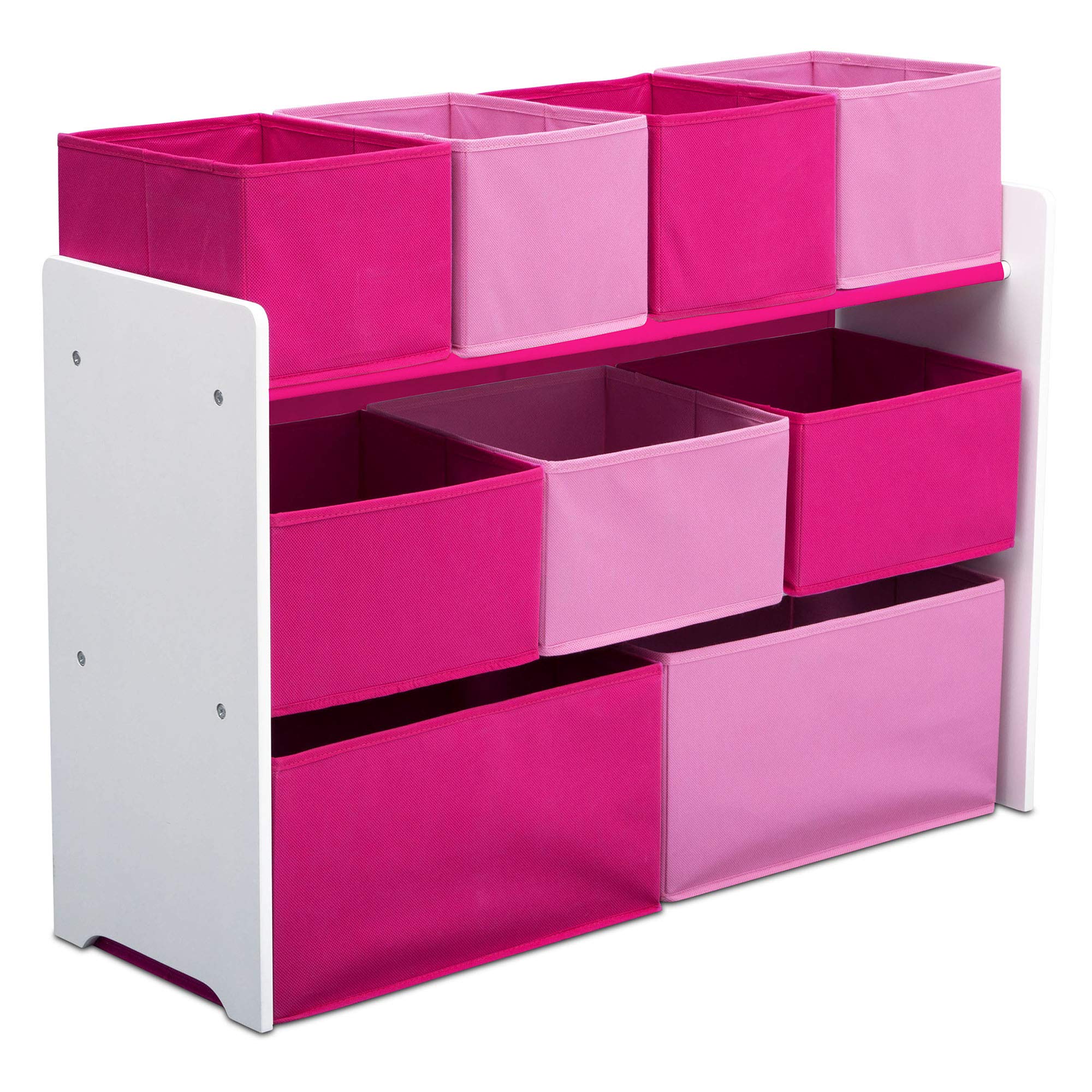 Delta Children Deluxe Multi-Bin Toy Organizer front view with white and pink bins for easy sorting