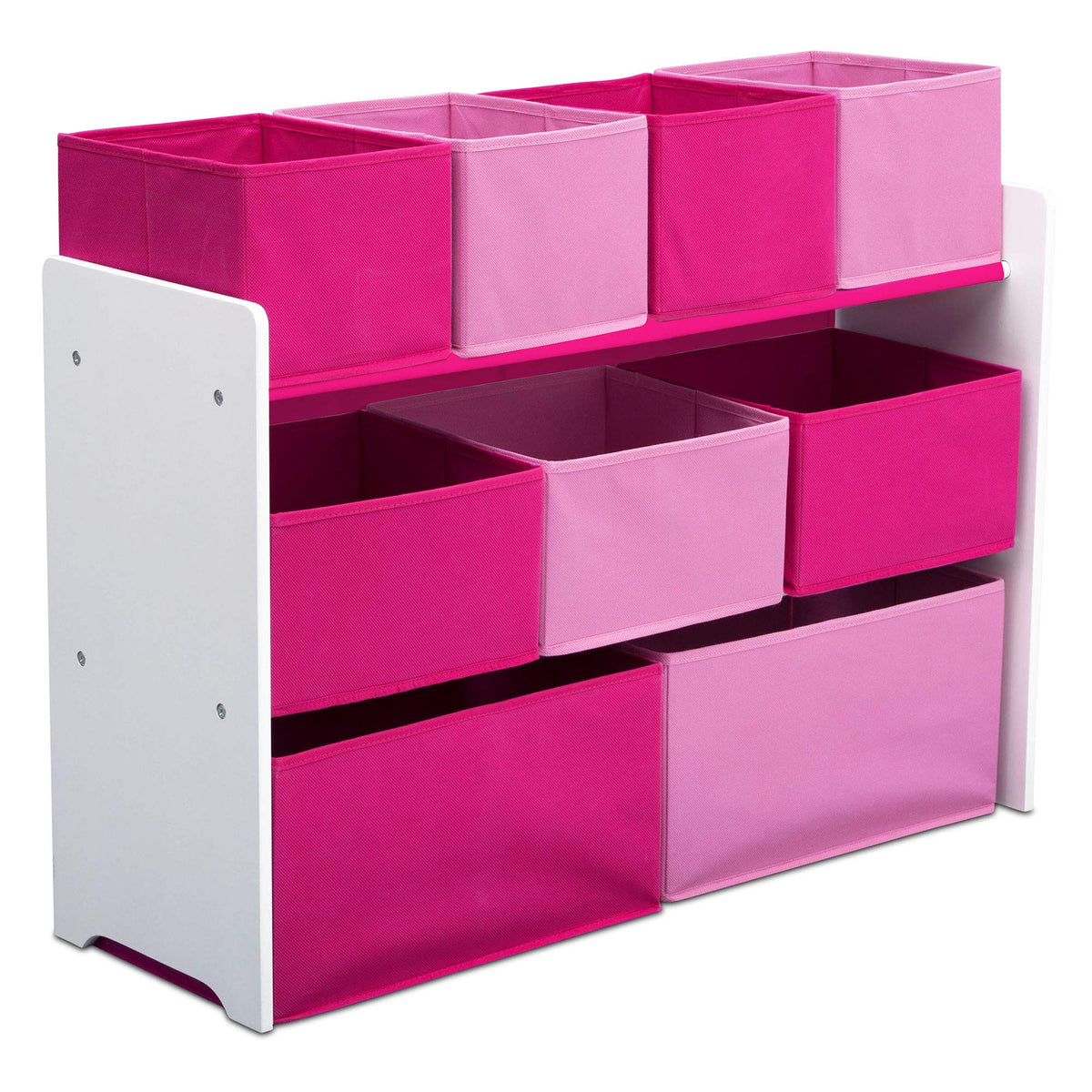 Delta Children Deluxe Multi-Bin Toy Organizer front view with white and pink bins for easy sorting