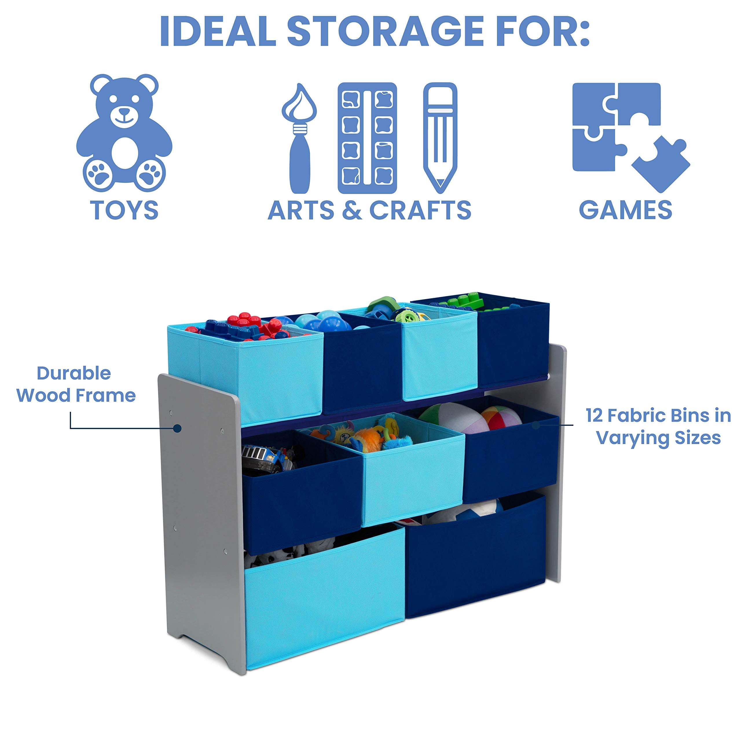 Delta Children toy organizer pictured for quick kid access during play