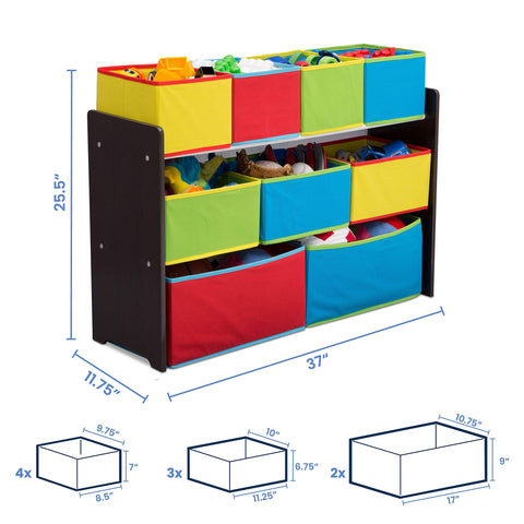 Delta Children Deluxe nine-bin organizer with small bins supports quick cleanup.