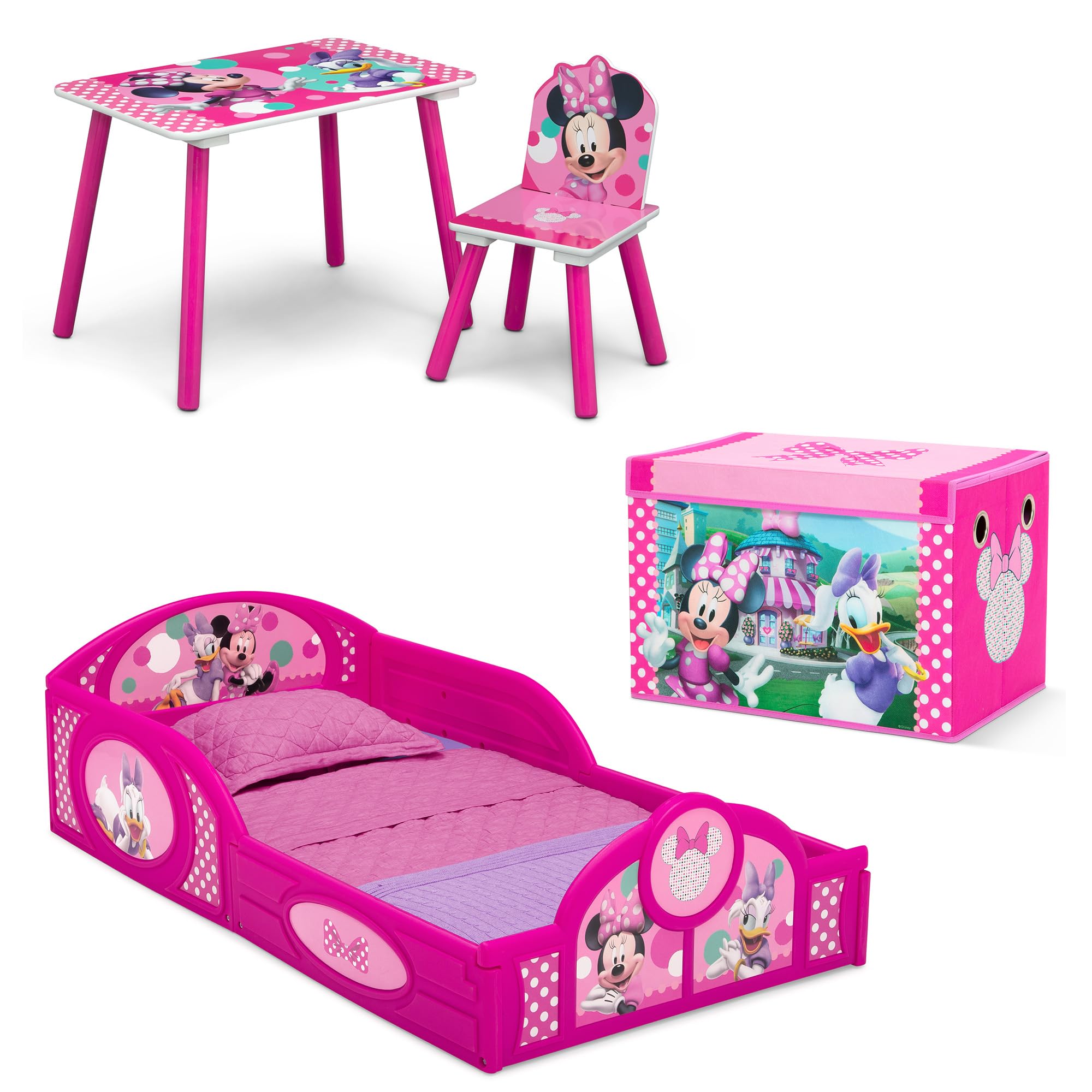 Delta Children Minnie Mouse 4-Piece Set displayed in a pink toddler room for cohesive decor.