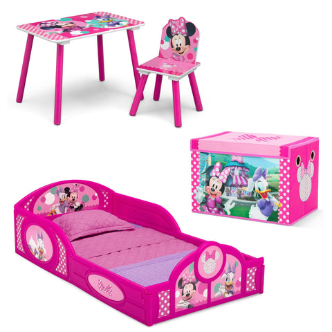 Delta Children Minnie Mouse 4-Piece Set displayed in a pink toddler room for cohesive decor.