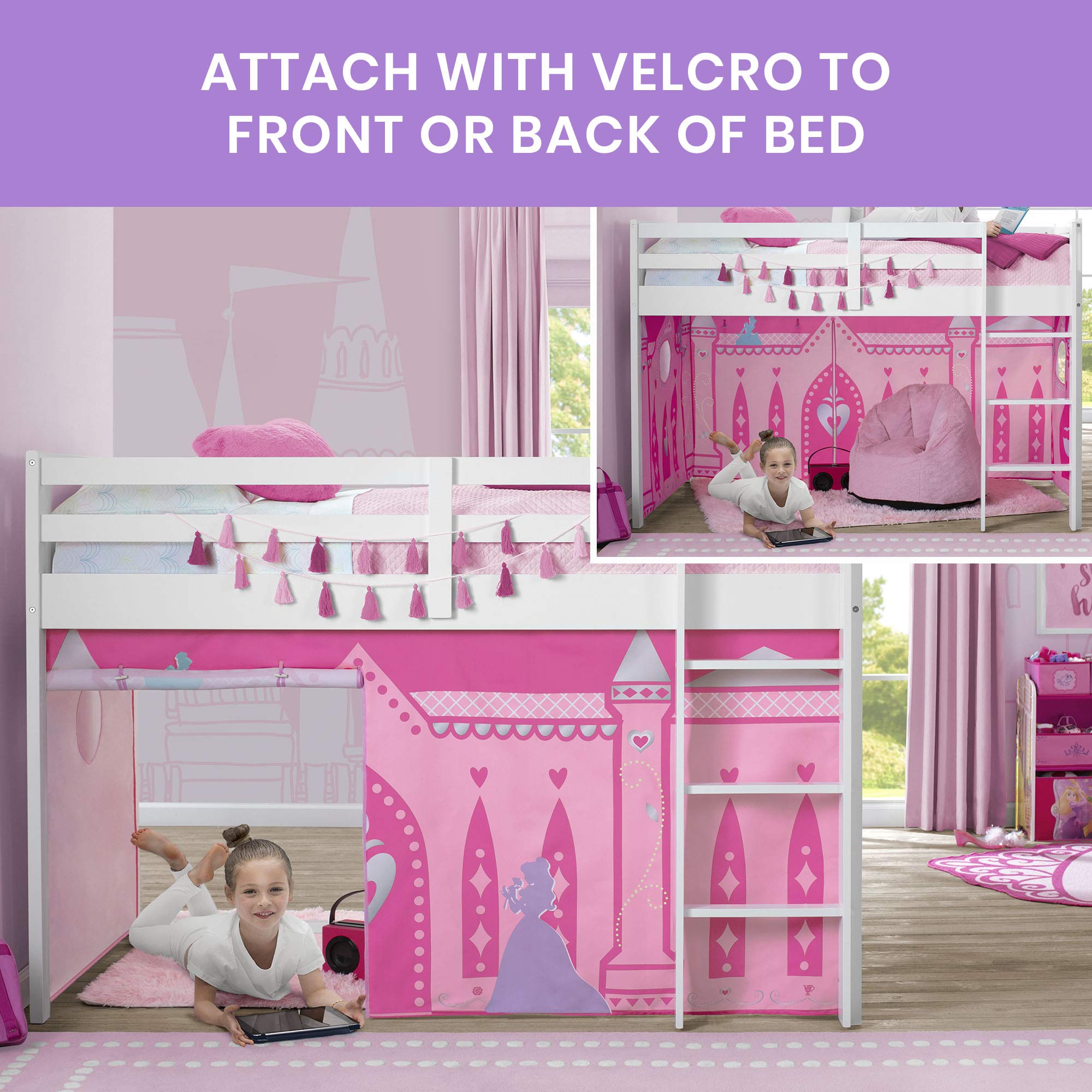 Delta Children Disney Princess loft bed tent back panel option for different room setups.