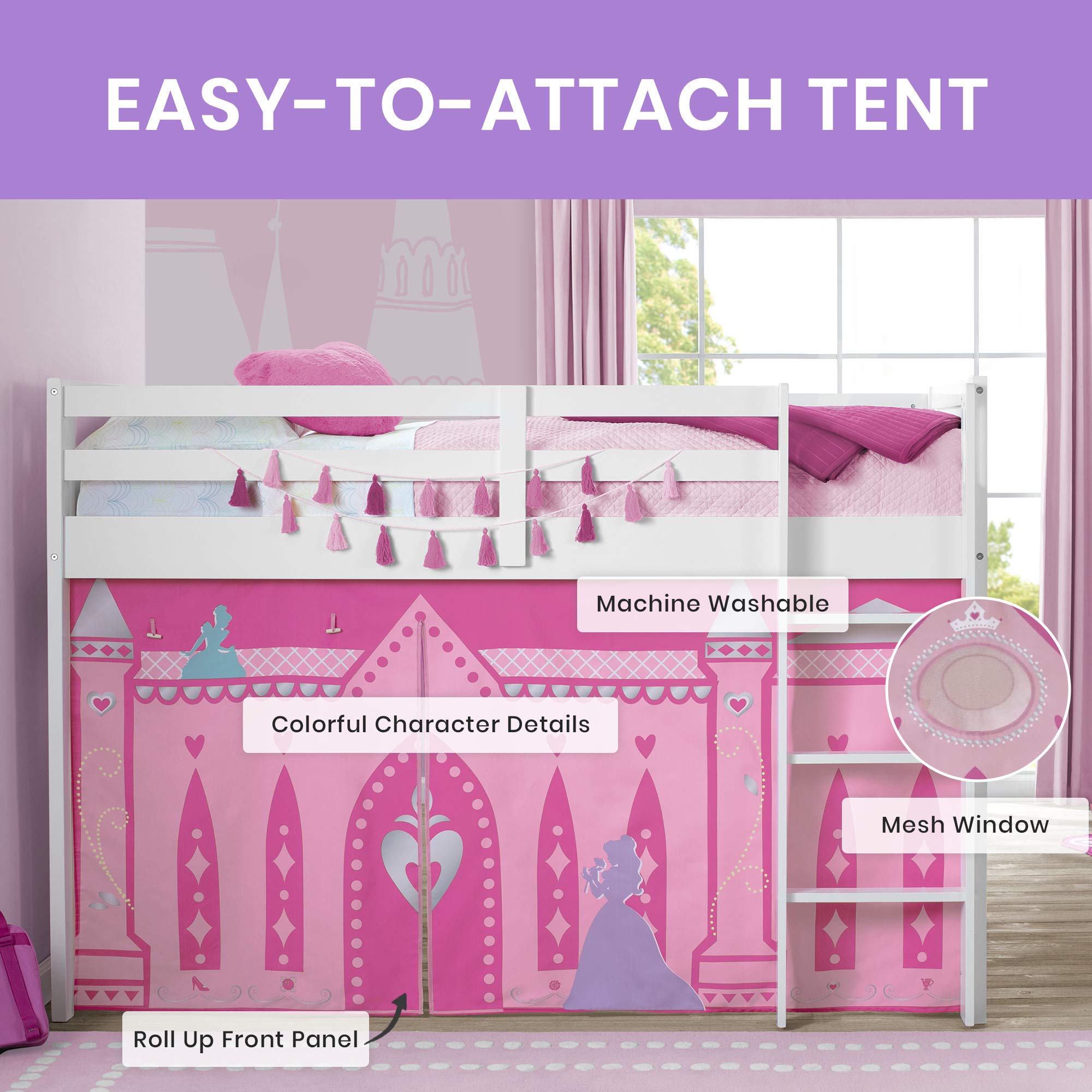 Delta Children Disney Princess loft bed tent front panel versatility for flexible layouts.