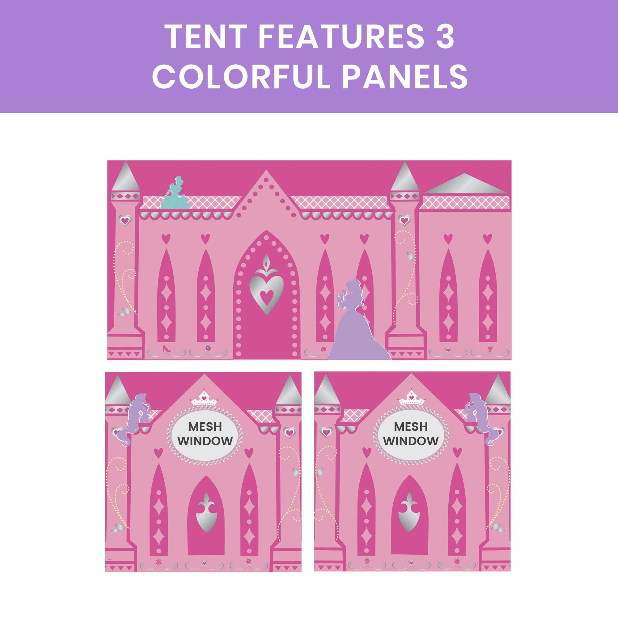 Delta Children Disney Princess loft bed tent mesh window provides light-friendly viewing for cozy play.