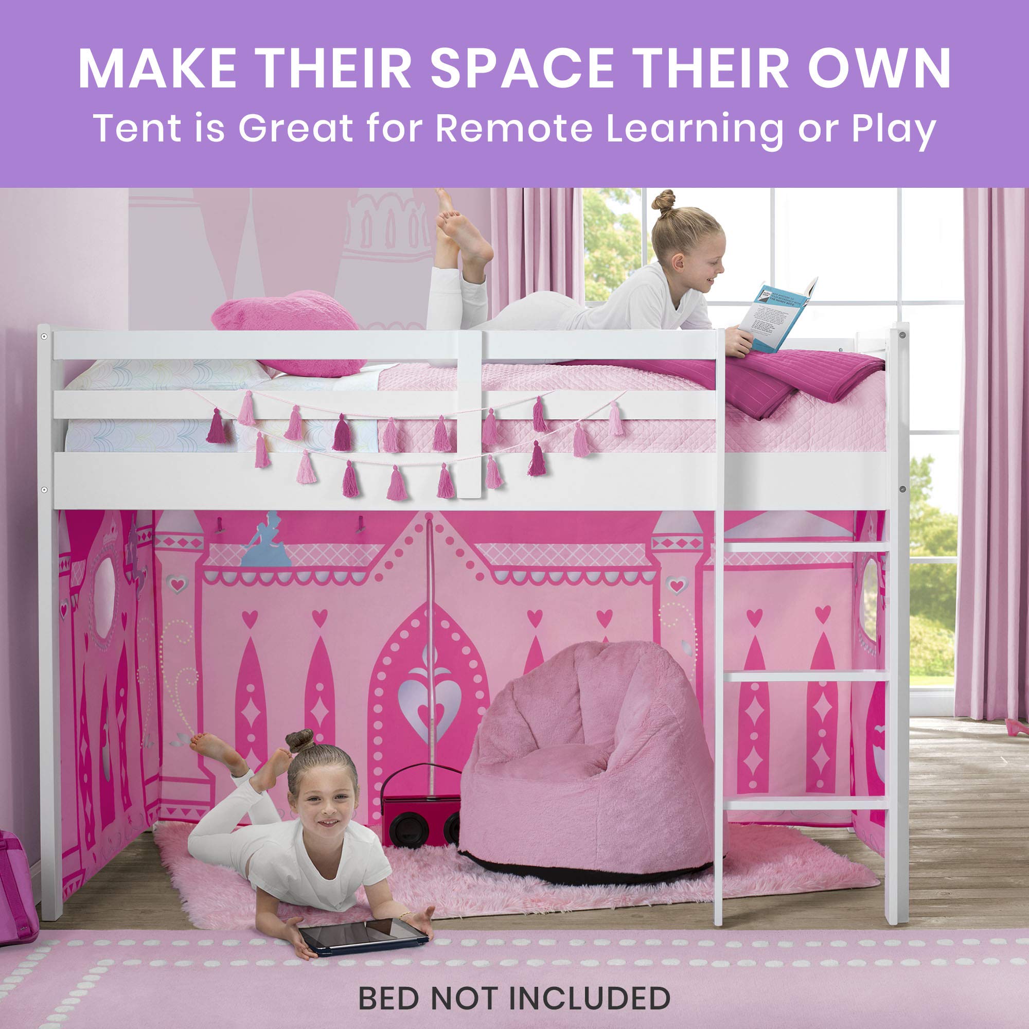 Delta Children Disney Princess loft bed tent roll-up front panel enables easy entry.