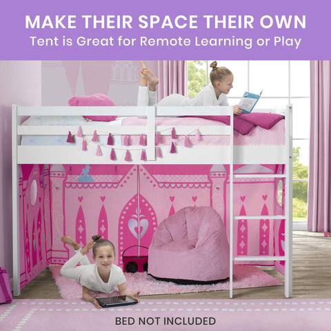 Delta Children Disney Princess loft bed tent roll-up front panel enables easy entry.