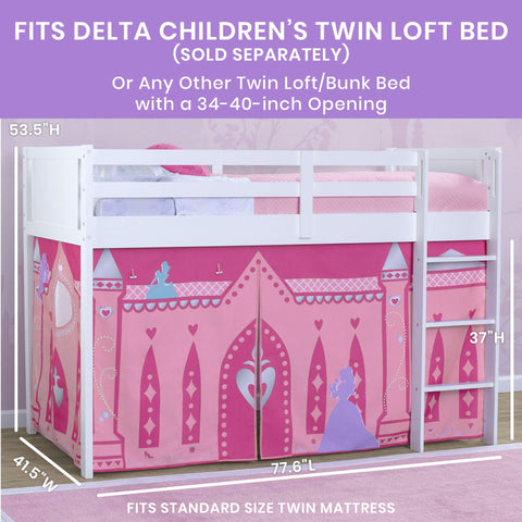 Delta Children Disney Princess loft bed tent under-bed play space for private retreats.