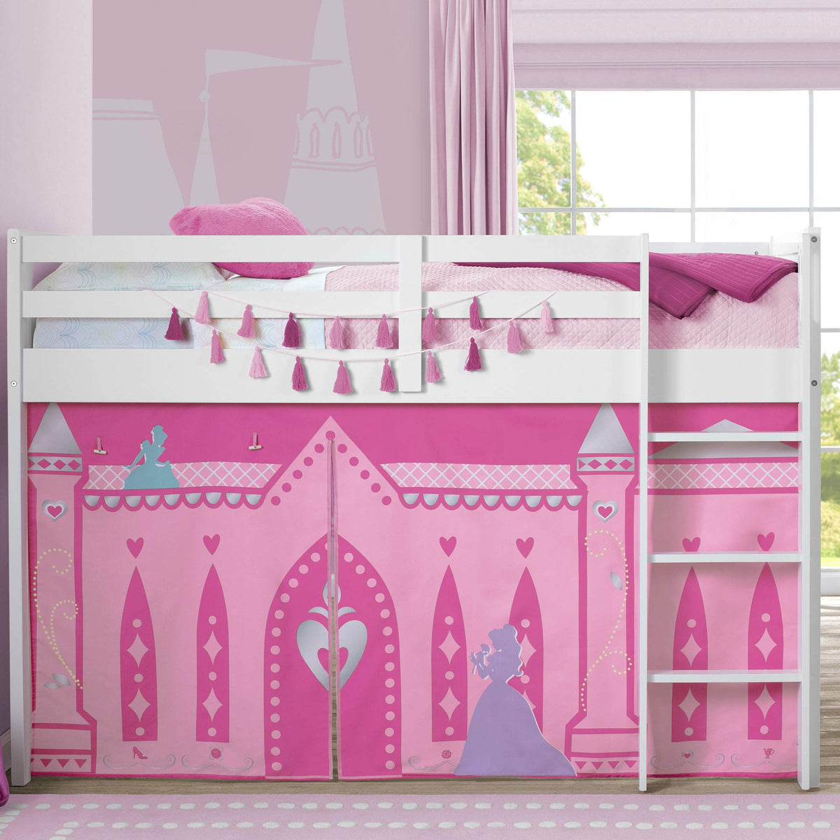 Delta Children Disney Princess loft bed tent with Velcro attachment enables quick under-bed play setup.