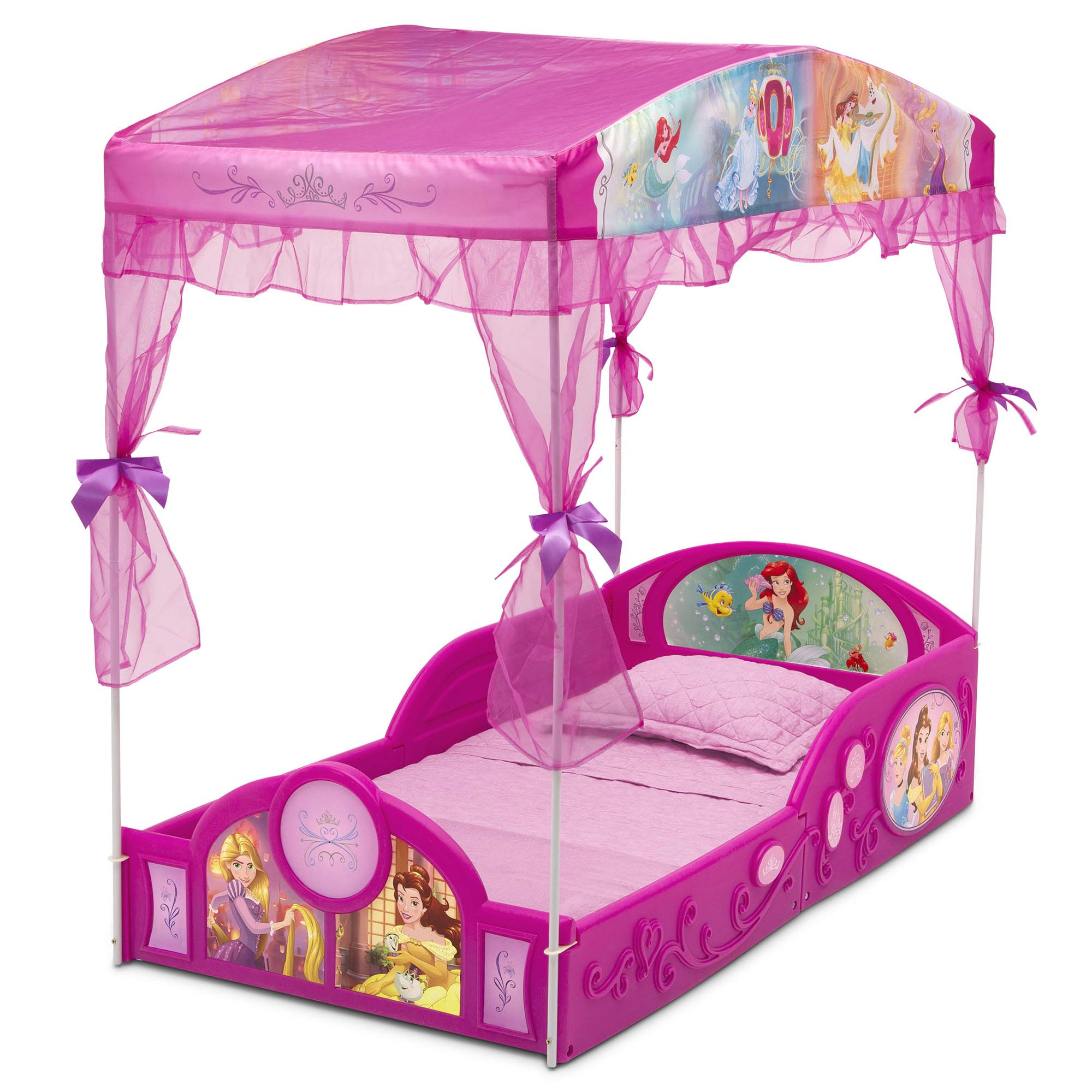 Delta Children Disney Princess canopy adds a dreamy touch for rest and play.