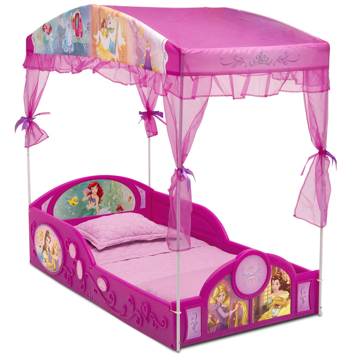 Delta Children Disney Princess toddler bed with canopy for safe, magical bedtime space.