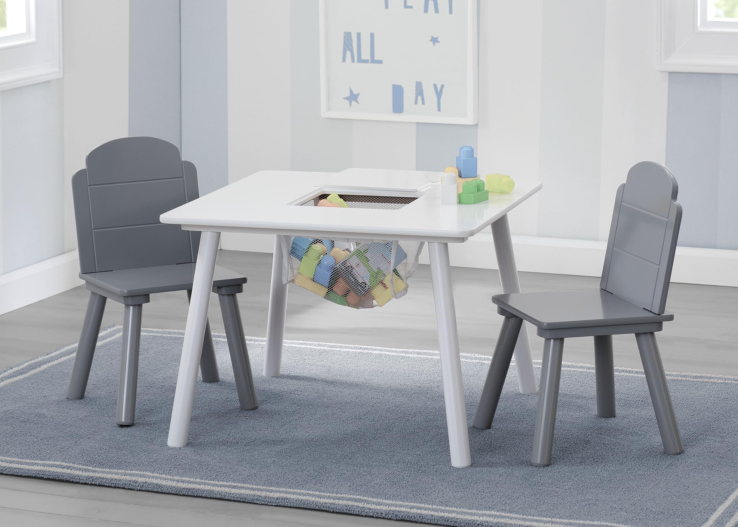 Finn set with two chairs in white and grey, scalloped back detail.