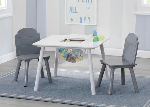 Finn set with two chairs in white and grey, scalloped back detail.