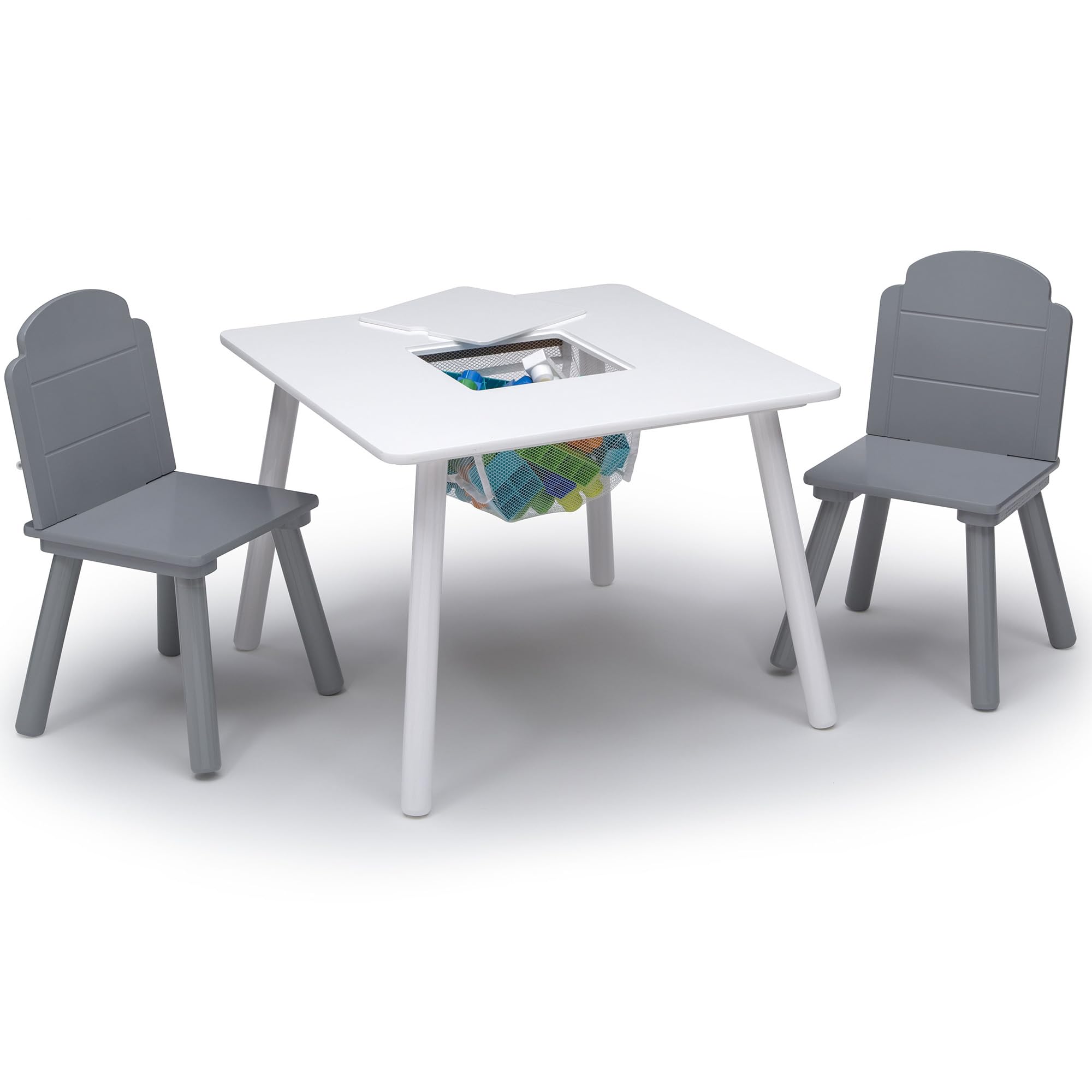 Delta Children Finn table top view in white and grey with storage.