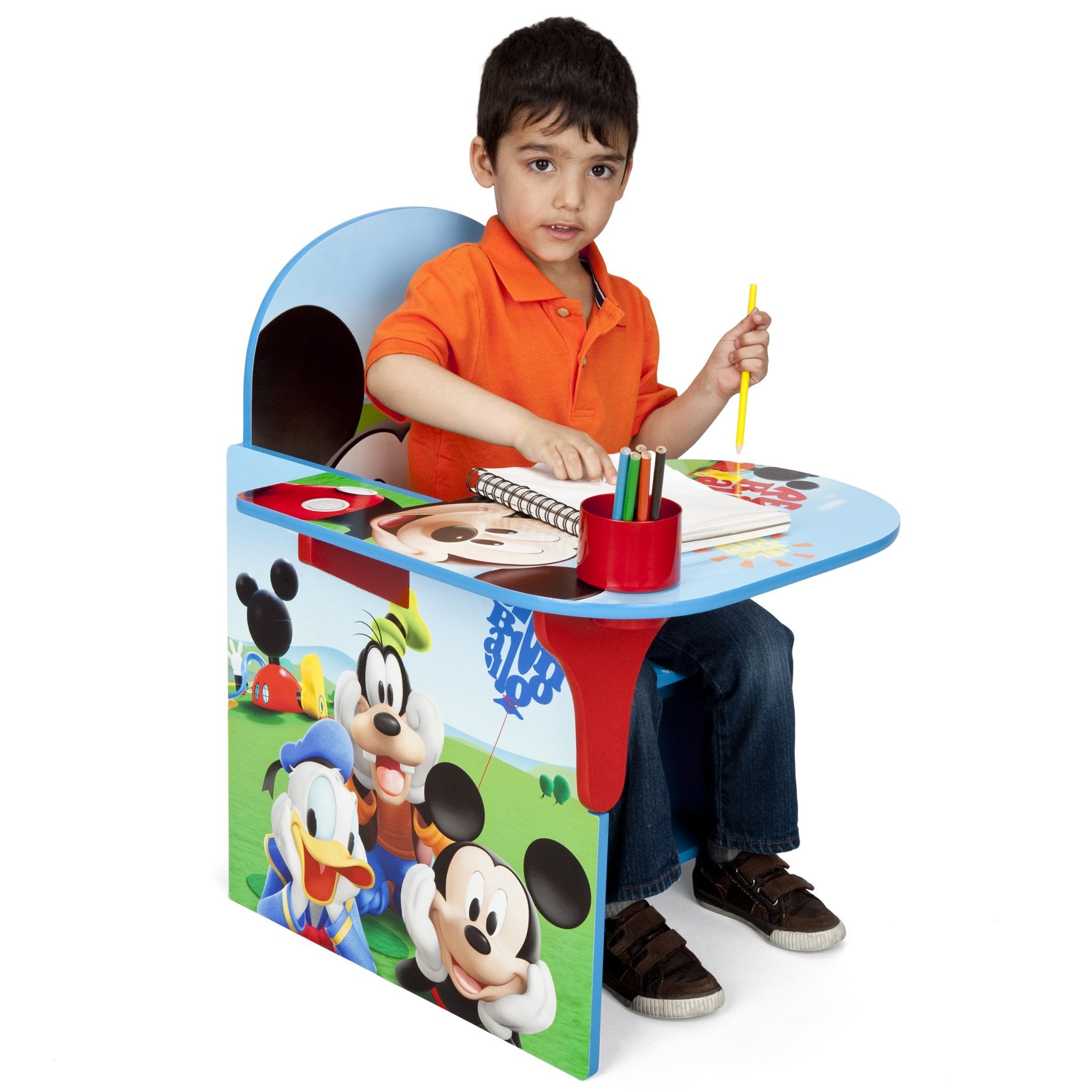 Delta Children Mickey Mouse desk chair includes a built-in cup holder for art supplies.